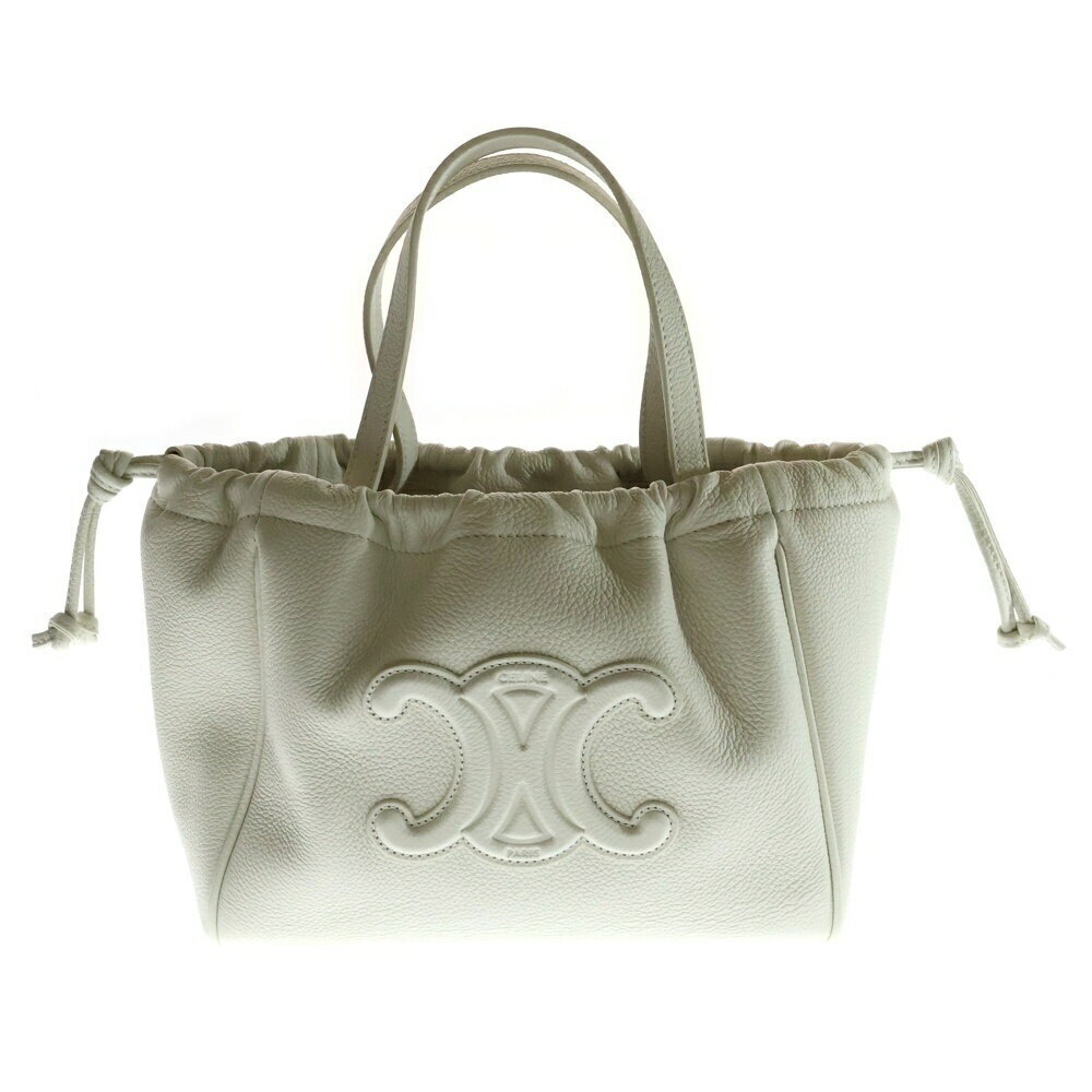 CELINE Cuir Triomphe Logo Cabas Drawstring Leather Hand Shoulder Bag White - Picture 1 of 6